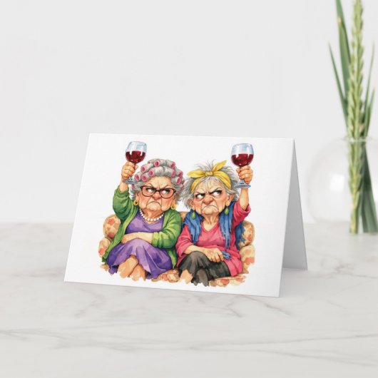 Birthday Quirky Old Ladies with Red Wine カード (正面)