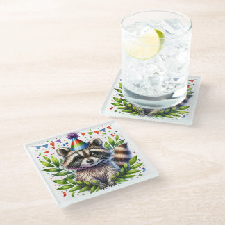Birthday Raccoon Kids, birthday party, fun design ガラスコースター
