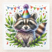 Birthday Raccoon Kids, birthday party, fun design ガラスコースター (正面)