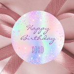 Birthday rainbow pink glitter dust hugs kisses  ラウンドシール<br><div class="desc">A rainbow,  holographic background in pink,  purple,  rose gold and mint green. Decorated with faux glitter dust. With the text: Happy Birthday xoxo. (hugs and kisses)</div>