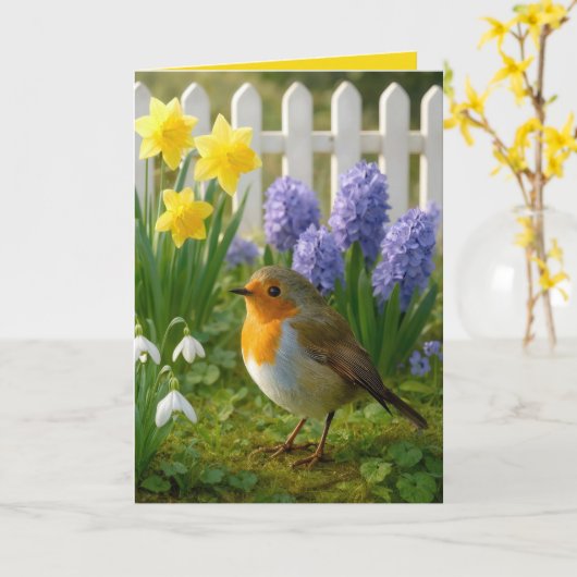 Birthday Robin in a Springtime Garden カード (黄色い花)