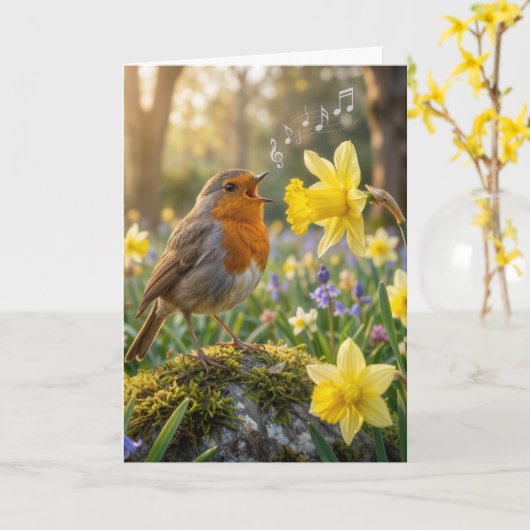 Birthday Robin Singing Into a Daffodil カード (黄色い花)