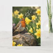 Birthday Robin Singing into a Spring Daffodil カード (正面)