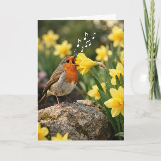 Birthday Robin Singing into a Spring Daffodil カード (正面)