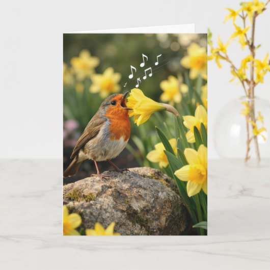 Birthday Robin Singing into a Spring Daffodil カード (黄色い花)