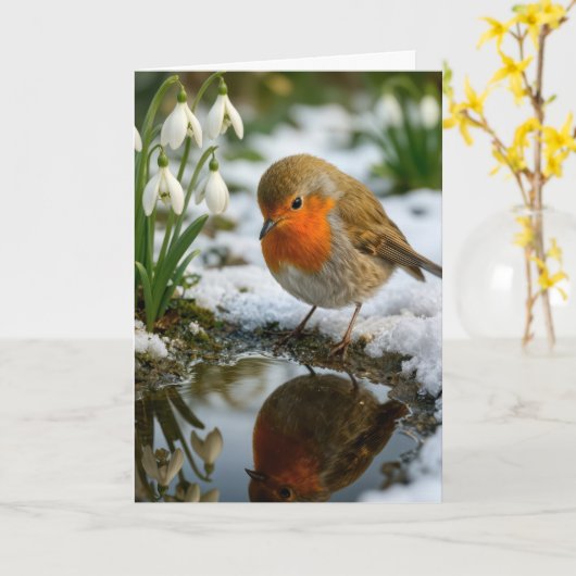 Birthday Robin with Snowdrops カード (黄色い花)