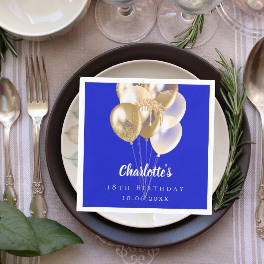 Birthday royal blue gold balloons スタンダードカクテルナプキン