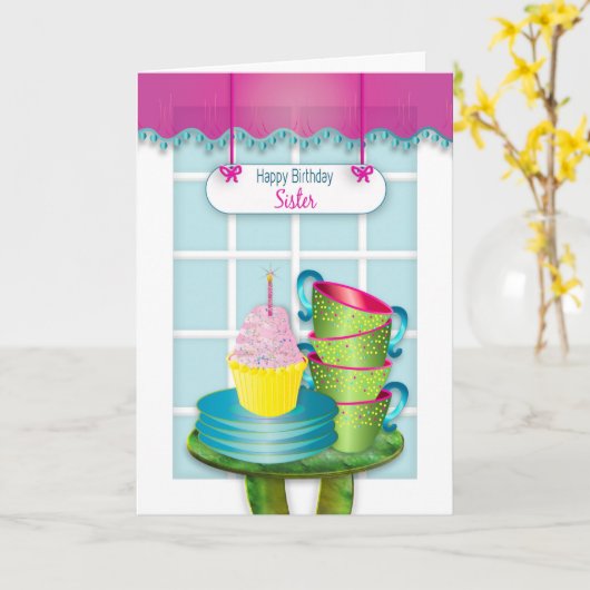 Birthday, Sister, Window and Cupcake and Cups カード (黄色い花)