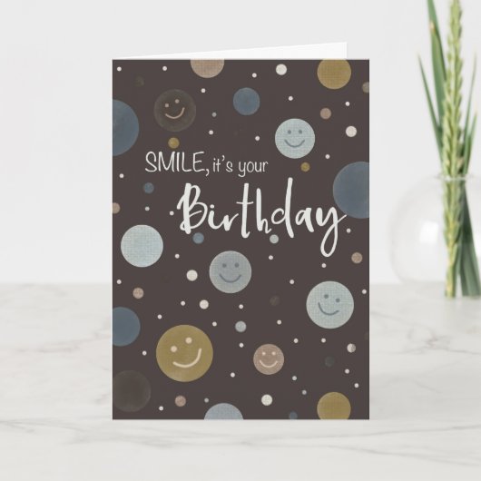 Birthday Smile Brown Modern Dots with Smiley カード (正面)