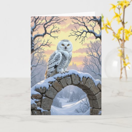 Birthday Snowy Owl On a Stone Arch カード (黄色い花)