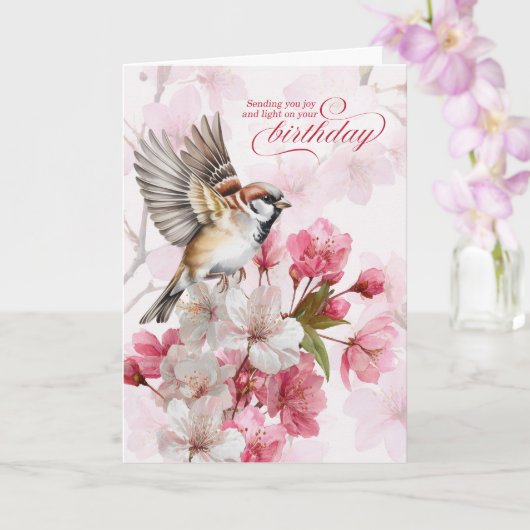 Birthday Sparrow and Cherry Blossoms Joy カード (蘭)