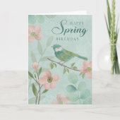 Birthday Spring Leaves Flowers and Bird  カード (正面)