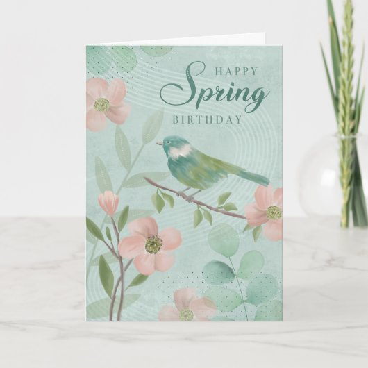 Birthday Spring Leaves Flowers and Bird  カード (正面)