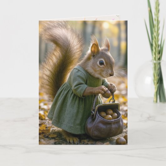 Birthday Squirrel Gathering Nuts In Her Purse カード (正面)