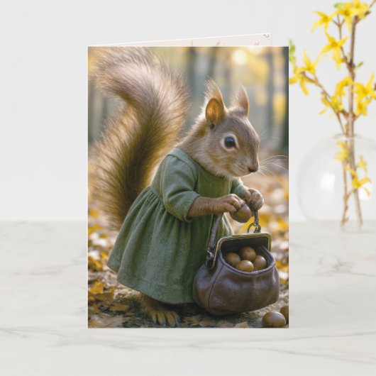 Birthday Squirrel Gathering Nuts In Her Purse カード (黄色い花)