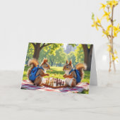 Birthday Squirrels Playing Chess In a City Park カード (黄色い花)