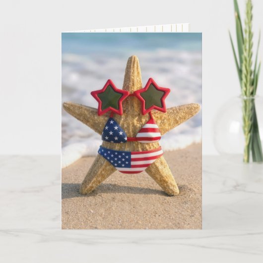 Birthday Starfish Wearing American Flag Bikini カード (正面)