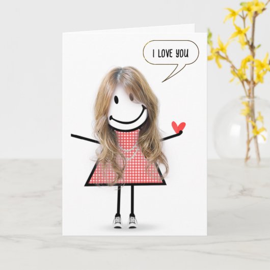 Birthday Stick Figure Girl With Speech Bubble カード (黄色い花)