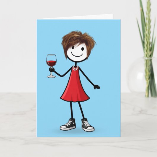 Birthday Stick Figure Girl with Wine Glass カード (正面)