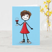 Birthday Stick Figure Girl with Wine Glass カード (黄色い花)