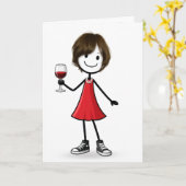 Birthday Stick Figure Girl with Wine Glass カード (黄色い花)