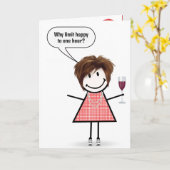 Birthday Stick Figure Girl With Wine Glass カード (黄色い花)