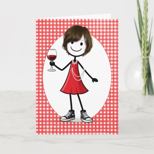 Birthday Stick Figure Girl with Wine Glass カード (正面)
