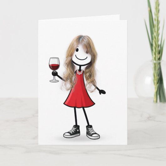 Birthday Stick Figure Girl with Wine Glass カード (正面)