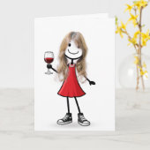 Birthday Stick Figure Girl with Wine Glass カード (黄色い花)