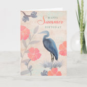 Birthday Summer Leaves Flowers and Heron  カード (正面)