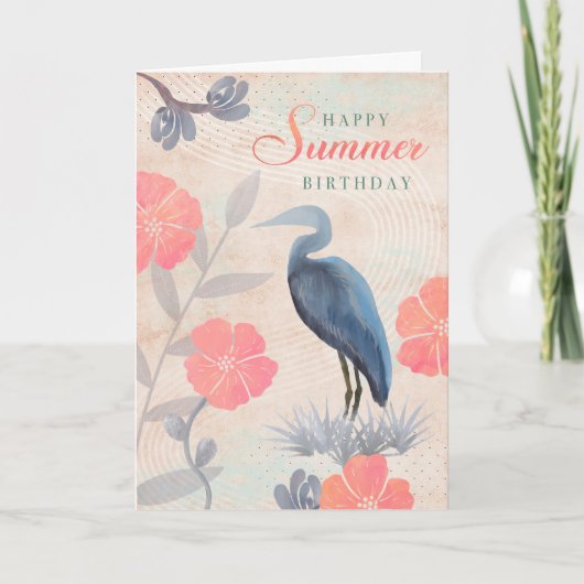 Birthday Summer Leaves Flowers and Heron  カード (正面)