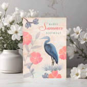 Birthday Summer Leaves Flowers and Heron  カード