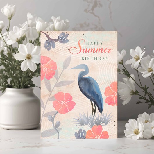 Birthday Summer Leaves Flowers and Heron  カード