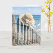 Birthday Summer Straw Hat On Beach Fence カード (黄色い花)