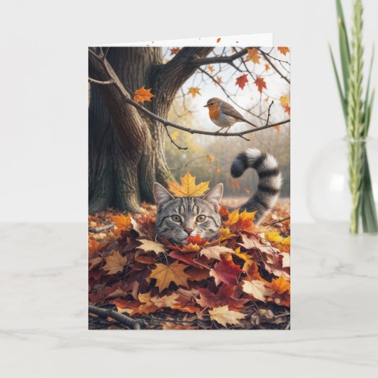 Birthday Tabby Cat In an Autumn Leaf Pile カード (正面)