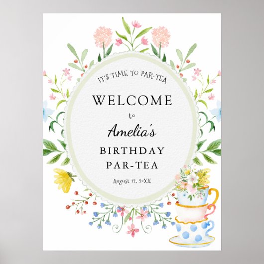 Birthday Tea Party Whimsical Wildflower Welcome ポスター (正面)