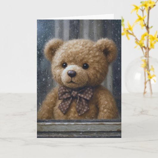 Birthday Teddy Bear In Rainy Window カード (黄色い花)