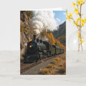 Birthday Vintage Steam Engine In Mountain Valley カード (黄色い花)