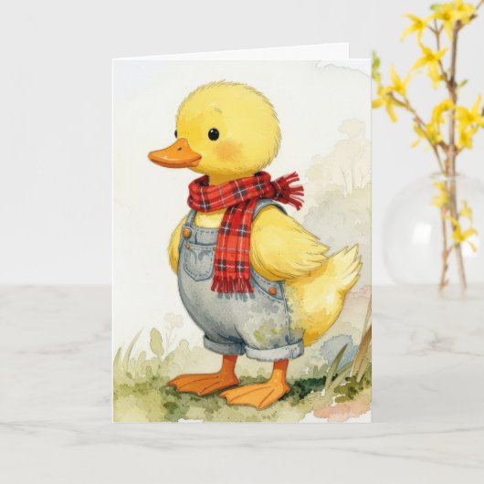 Birthday Watercolor Duck In Overalls カード (黄色い花)