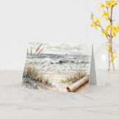 Birthday Watercolor Ocean Beach with Curled Paper カード (黄色い花)