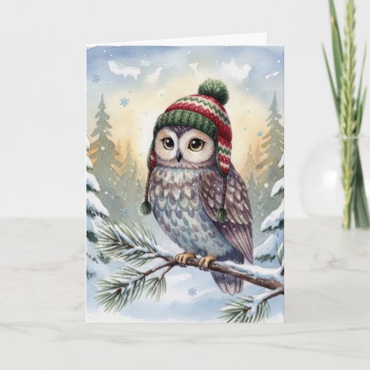 Birthday Watercolor Owl In Winter Hat カード (正面)