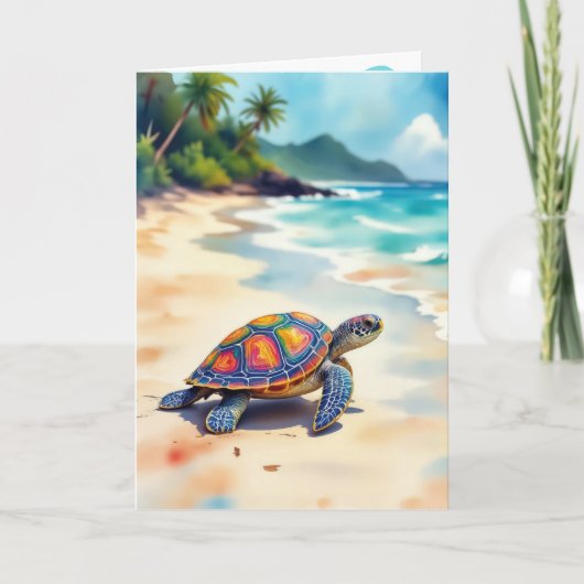 Birthday Watercolor Sea Turtle On a Beach カード (正面)