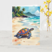 Birthday Watercolor Sea Turtle On a Beach カード (黄色い花)