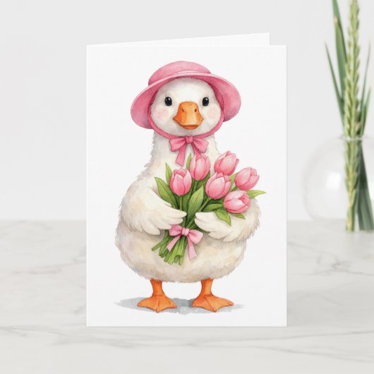 Birthday White Goose with Pink Tulip Bouquet カード (正面)