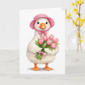 Birthday White Goose with Pink Tulip Bouquet カード (黄色い花)