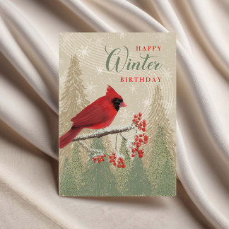 Birthday Winter Trees Berries and Cardinal  カード