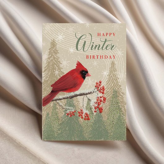 Birthday Winter Trees Berries and Cardinal  カード