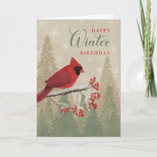 Birthday Winter Trees Berries and Cardinal  カード (正面)