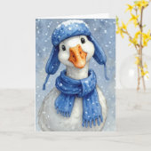 Birthday Winter White Goose With Blue Scarf カード (黄色い花)