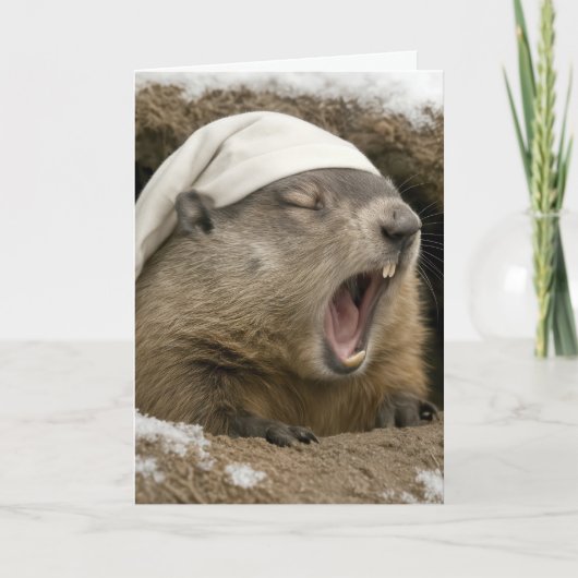 Birthday Yawning Groundhog Wearing a Nightcap カード (正面)